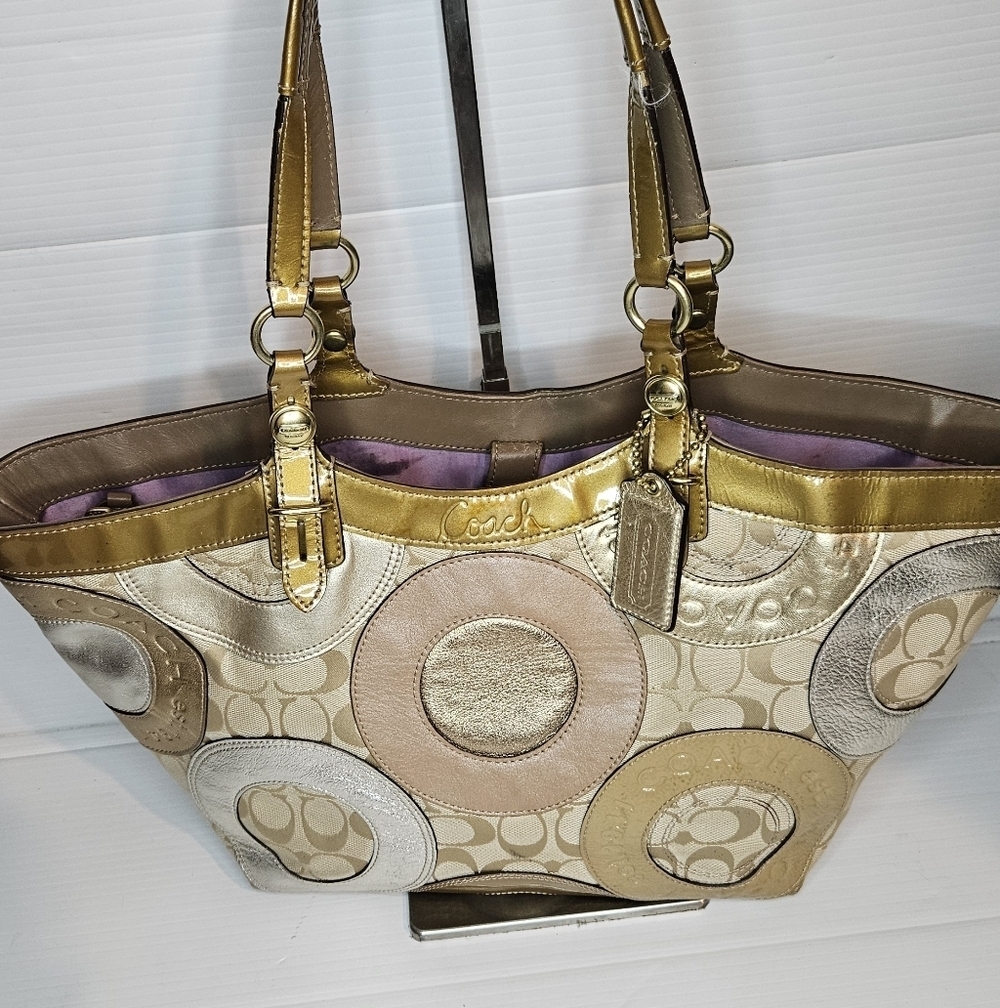 Coach Carly F16180 Vintage Tote – Y2K Metallic Patchwork Logo Canvas Purse, Gold